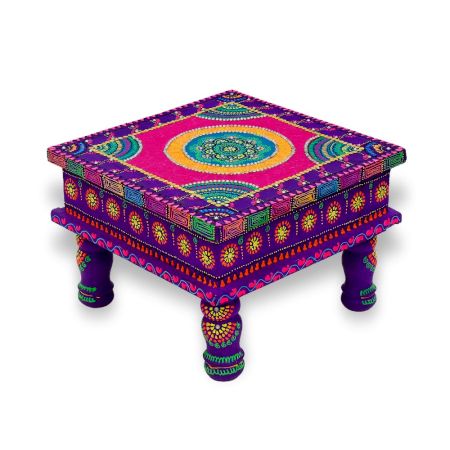 Handicraft Wooden Chourang Pooja Chowki in Purple and Pink